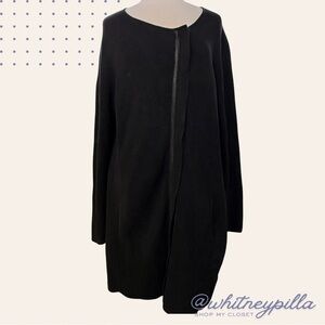 Eileen Fisher Long Knit Cardigan Jacket, Black Silk-Cotton Blend leather trim XL